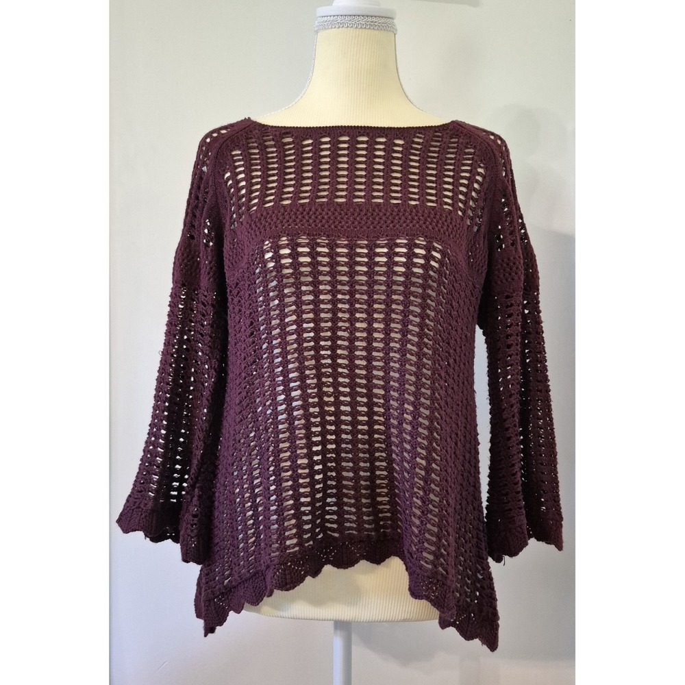 Women's M Open Knit Crochet Sweater Bell Sleeve Layering Top Whimsigoth Festival